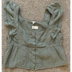 Aerie Womens Green Smocked Ruffled Sleeve Top Size XL New